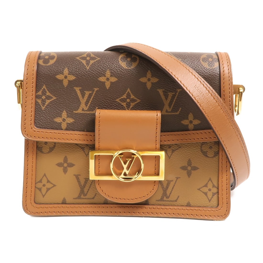 Louis Vuitton Mini Dauphine M44580 Brown Monogram Reverse Shoulder Bag: Louis Vuitton Mini Dauphine M44580 Brown Monogram Reverse Shoulder Bag The Louis Vuitton Mini Dauphine Shoulder Bag is a women's shoulder bag in brown Monogram Reverse and PVC coated canvas. It featur
