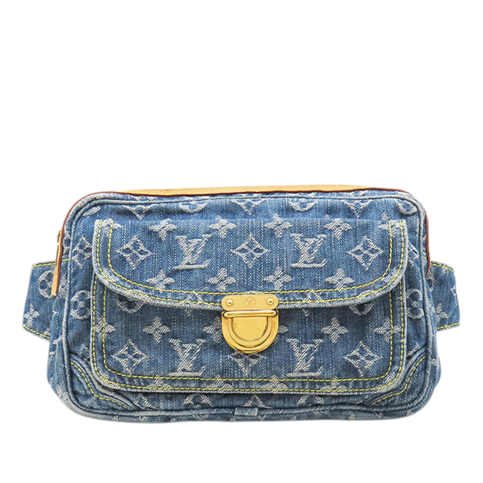 Louis Vuitton Monogram Denim belt bag with vachetta trim: Louis Vuitton Monogram Denim belt bag with vachetta trim Louis Vuitton Monogram Denim Bum Bag crafted with a monogram denim body and vachetta leather trim. The bag features an adjustable flat waist st