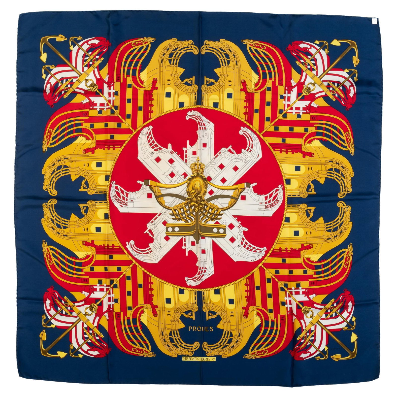 Proues Pattern Silk Scarf by Hermes in Navy and Red 35 Inch: Proues Pattern Silk Scarf by Hermes in Navy and Red 35 Inch This Hermes "Proues" silk scarf features a striking navy, red, and yellow design. Crafted from high-quality silk, it has hand-rolled edges a