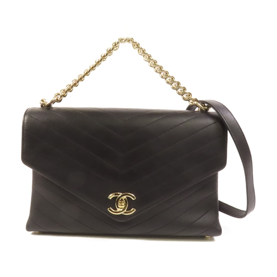 CHANEL CC 2 Way Shoulder Bag Black Calfskin Chain GHW: CHANEL CC 2 Way Shoulder Bag Black Calfskin Chain GHW CHANEL 2-way shoulder bag in black calfskin leather with CC and gold-tone hardware. It features a turn lock closure, one open exterior pocket, and