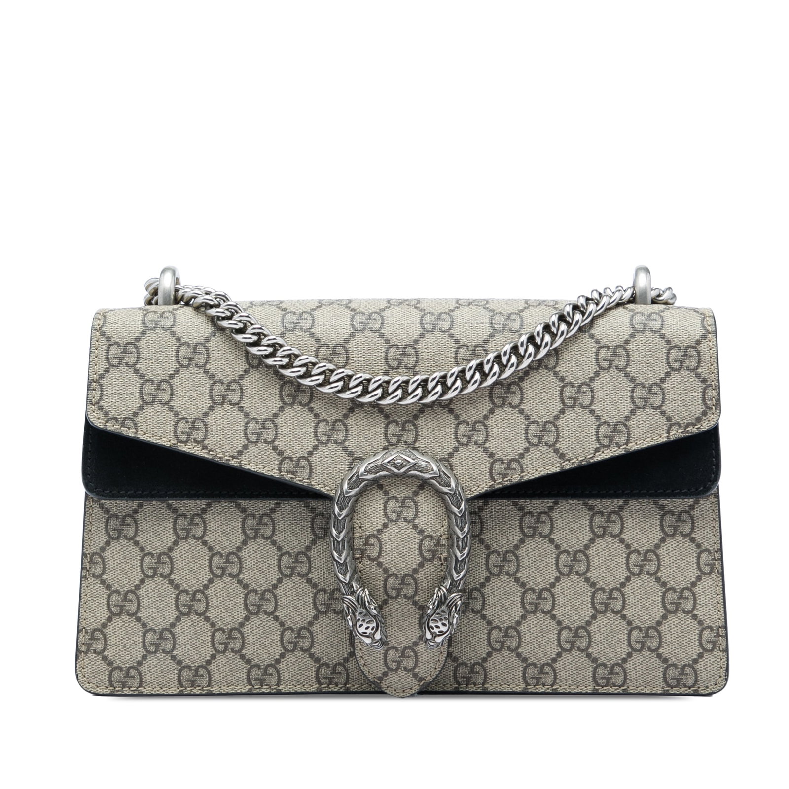 Gucci Dionysus Medium Shoulder Bag in GG Supreme Canvas: Gucci Dionysus Medium Shoulder Bag in GG Supreme Canvas Gucci Medium GG Supreme Dionysus shoulder bag crafted with a coated canvas body and suede leather trim. It features a silver-tone curb chain sho