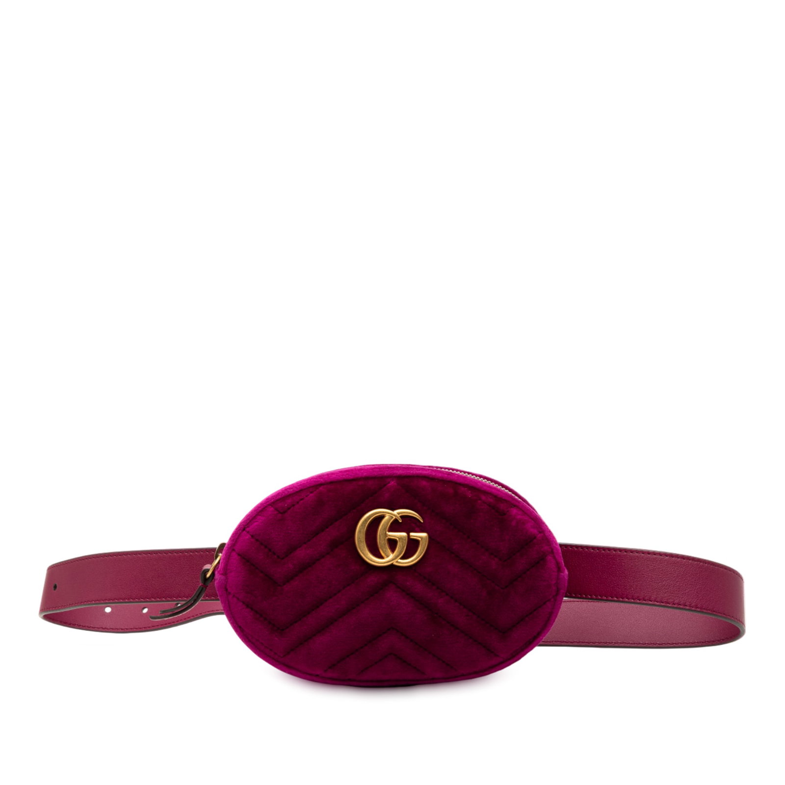 Purple Velvet Gucci GG Marmont Quilted Belt Bag with Gold Tone Hardware: Purple Velvet Gucci GG Marmont Quilted Belt Bag with Gold Tone Hardware This Gucci GG Marmont Matelasse Velvet Belt Bag features a quilted velvet exterior in purple with gold-tone hardware. It has an 