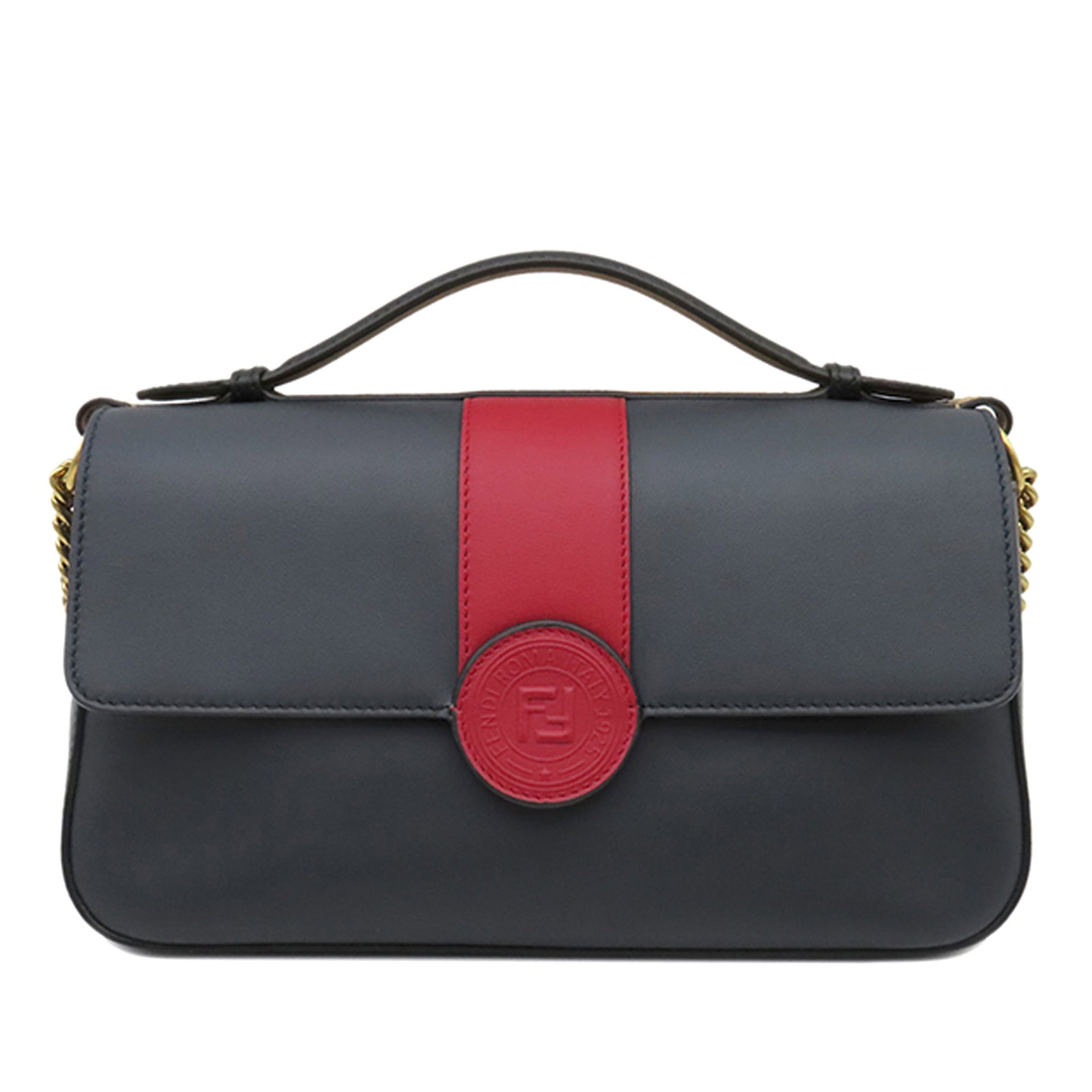 Fendi Double F Baguette Leather Satchel in Blue: Fendi Double F Baguette Leather Satchel in Blue Fendi bicolor leather satchel with a structured silhouette, flat top handle, and chain link strap. The design features double-sided flaps with magnetic 