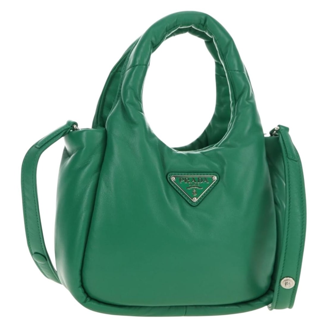 PRADA Leather 2way Handbag Green Silver with Strap: PRADA Leather 2way Handbag Green Silver with Strap Prada women's 2-way leather handbag in green with silver-tone accents. Made in Italy, this compact bag includes a dust bag and shoulder strap. It is 
