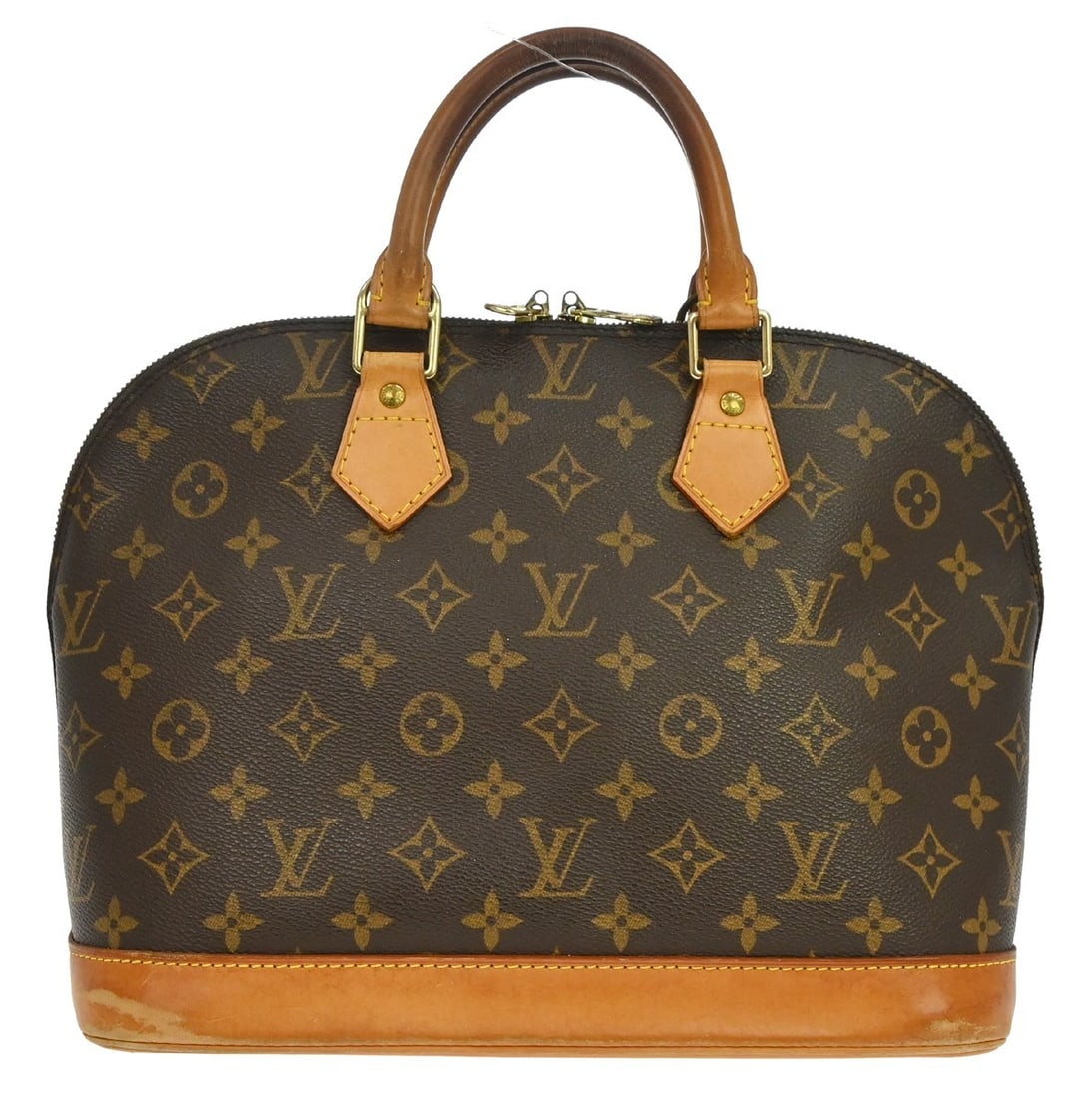 Louis Vuitton Alma Monogram Canvas Handbag M51130 France: Louis Vuitton Alma Monogram Canvas Handbag M51130 France Vintage Louis Vuitton Alma handbag in Monogram canvas with leather trim and double handles. This medium handbag features a zip closure, brown c