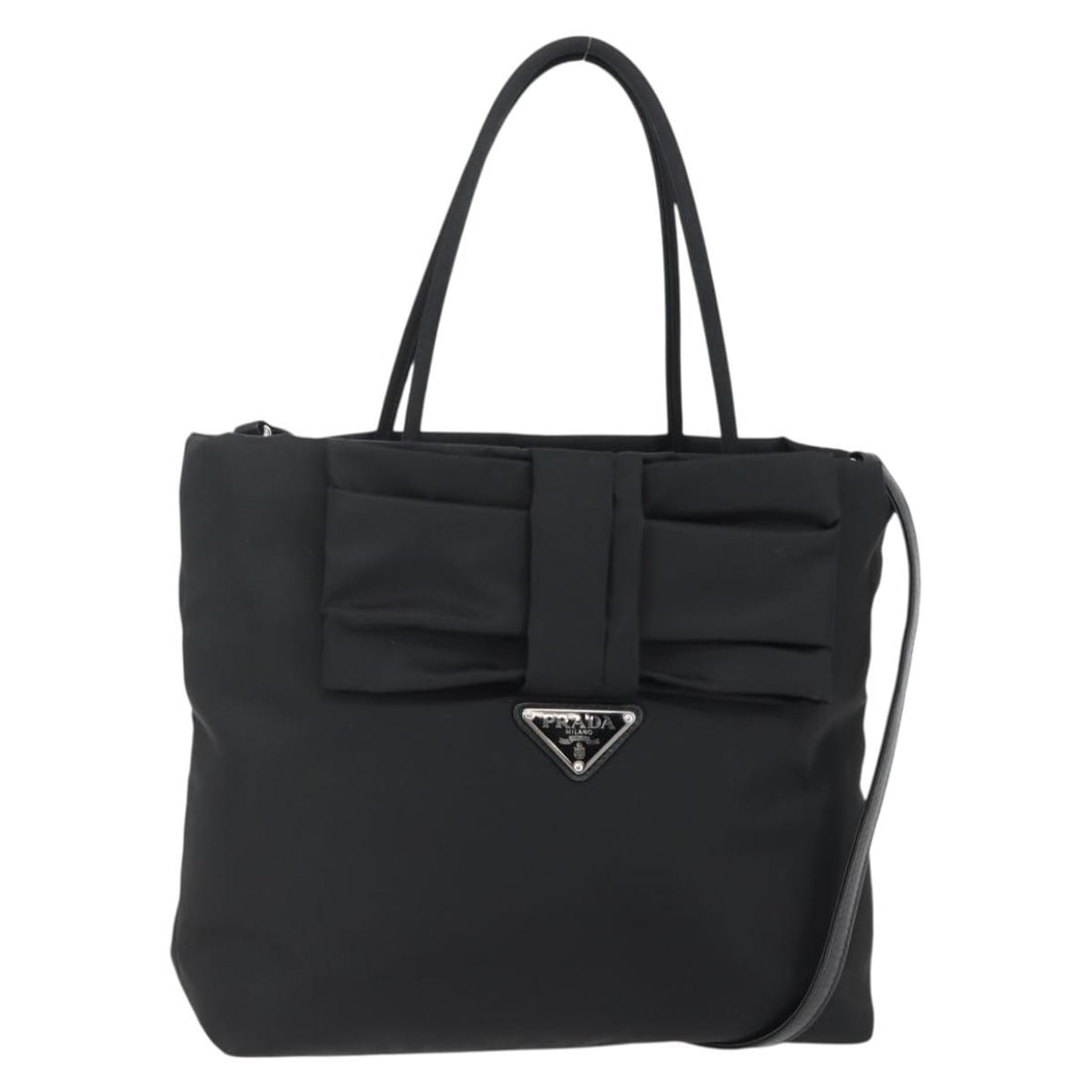 PRADA 2way Nylon Handbag Black Silver with Shoulder Strap: PRADA 2way Nylon Handbag Black Silver with Shoulder Strap Prada 2-way handbag in black nylon with silver-tone accents. Made in Italy, this women's bag includes a dust bag and shoulder strap. Condition