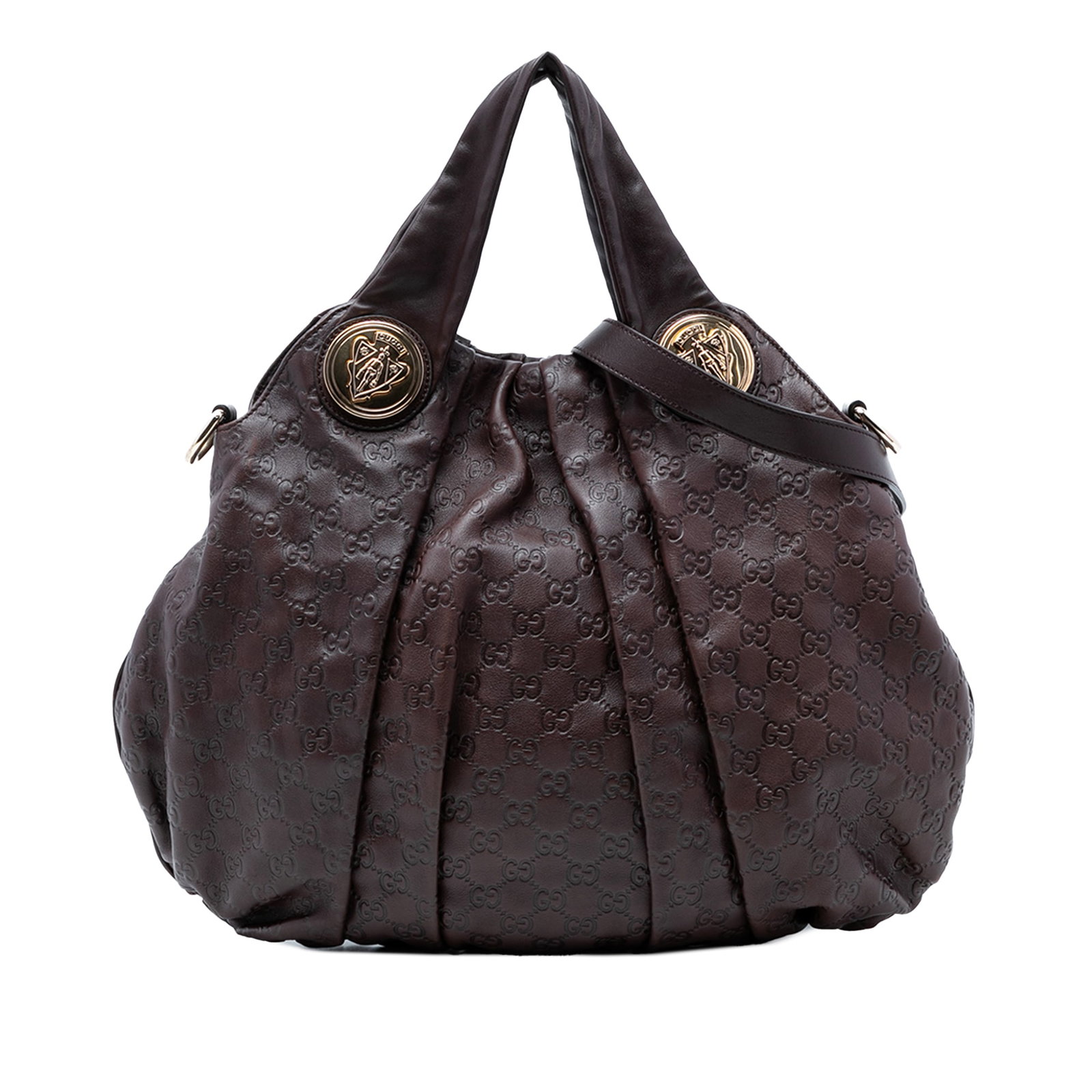 Gucci Hysteria embossed leather satchel brown large: Gucci Hysteria embossed leather satchel brown large This Gucci Large Guccissima Hysteria Satchel features an embossed leather body in brown, flat leather handles, and a detachable flat leather strap. 