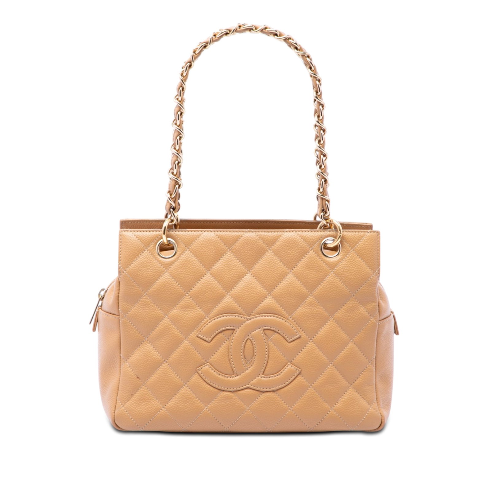 Chanel Petite Timeless Caviar Leather Tote Bag Beige: Chanel Petite Timeless Caviar Leather Tote Bag Beige A Chanel Petite Caviar Timeless Tote crafted in quilted caviar leather with leather-woven chain shoulder straps and a top zip closure. The interior