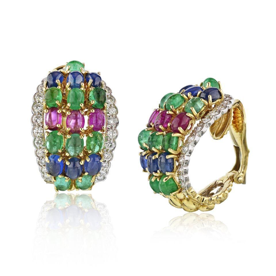 David Webb Multicolor Gemstone Clip-On Earrings Platinum 18K Gold: David Webb Multicolor Gemstone Clip-On Earrings Platinum 18K Gold These exquisite earrings by David Webb feature a stunning combination of multicolor gemstones, including cabochon cut rubies, sapphire