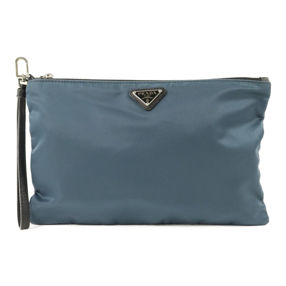 Prada 2NH006 nylon clutch with detachable leather strap blue: Prada 2NH006 nylon clutch with detachable leather strap blue Prada clutch bag in blue nylon with silver-tone hardware. This unisex design features an interior open pocket, six card slots, and a fasten