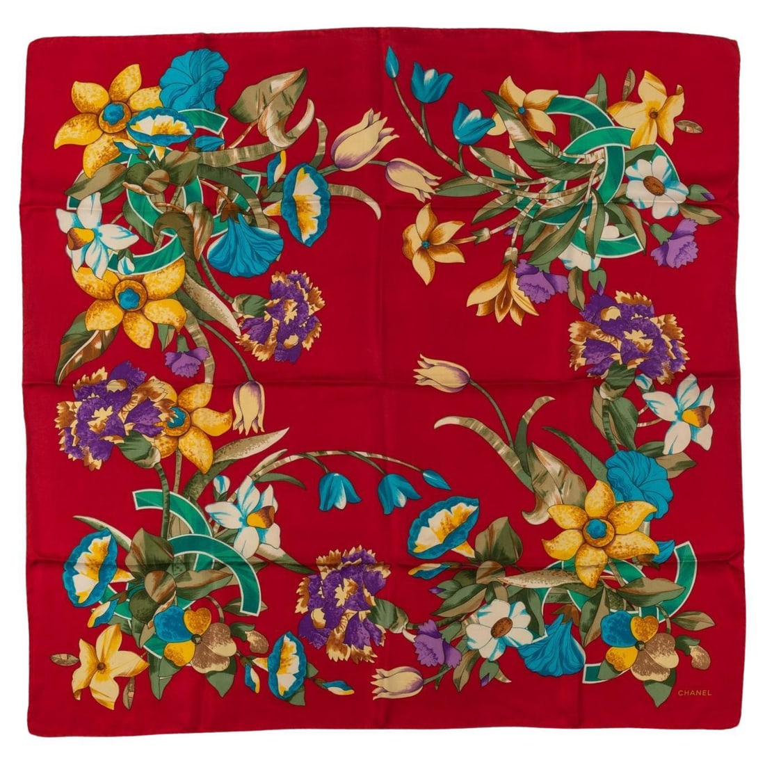 Chanel 80s Vintage Silk Scarf with Red Flower Bouquets: Chanel 80s Vintage Silk Scarf with Red Flower Bouquets This exquisite vintage scarf from Chanel captures the essence of the 80s with its vibrant red color and charming multicolor flower bouquets. Craf