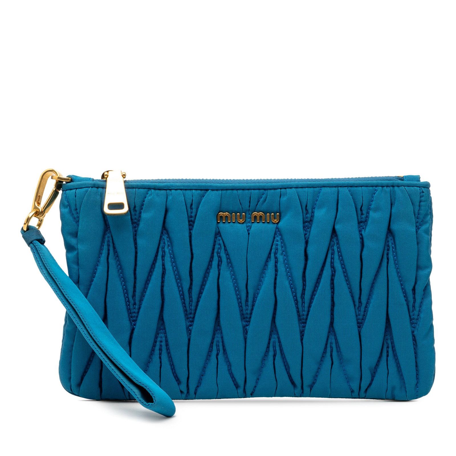 Miu Miu Matelasse Blue Nylon Wristlet Clutch Bag: Miu Miu Matelasse Blue Nylon Wristlet Clutch Bag Miu Miu Matelasse nylon clutch in blue with a quilted body, detachable flat leather wrist strap, and top zip closure. This piece shows visible wear con
