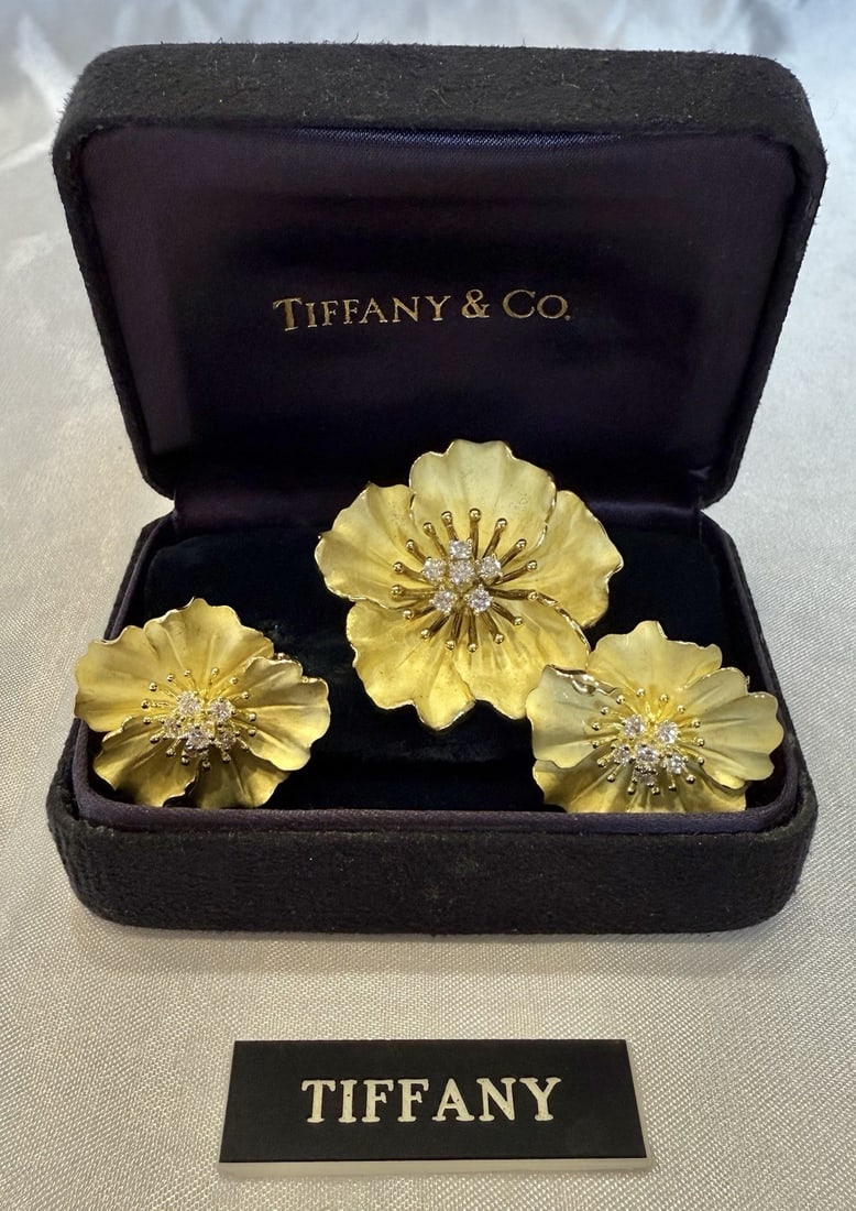 Tiffany & Co 18k Yellow Gold Diamond Earrings Necklace Brooch Alpine Rose Set: Tiffany & Co 18k Yellow Gold Diamond Earrings Necklace Brooch Alpine Rose Set Discover the elegance of this Tiffany & Co. jewelry set, featuring a stunning pair of earrings and a coordinating necklace