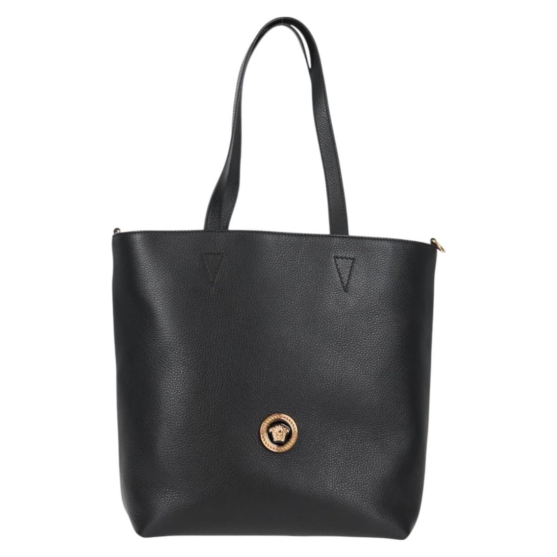 Black Leather Medusa Tote Bag by Versace 28cm x 32cm x 12cm: Black Leather Medusa Tote Bag by Versace 28cm x 32cm x 12cm This Versace Medusa Tote is crafted from black leather and designed for women. The exterior shows slight rubbing, while the interior, pocket