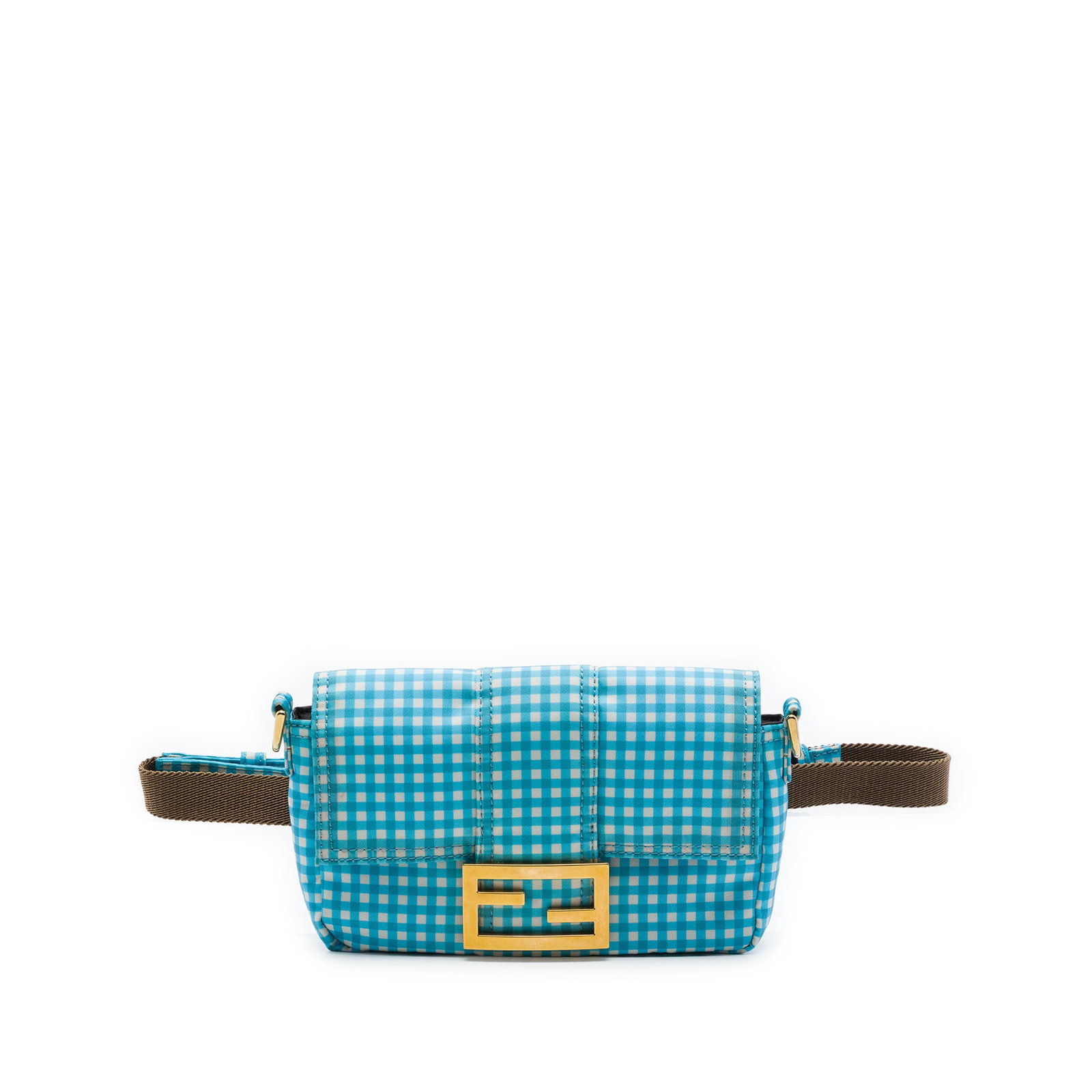 Fendi Joshua Vides Mini Baguette Convertible Nylon Gingham Satchel: Fendi Joshua Vides Mini Baguette Convertible Nylon Gingham Satchel Mini convertible satchel from the Joshua Vides Baguette line with a blue gingham nylon body, front flap with magnetic snap closure, f