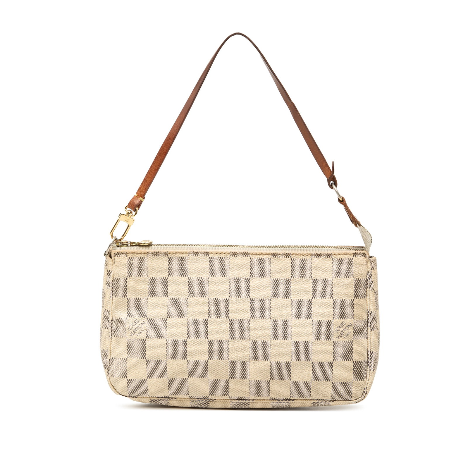 Louis Vuitton Damier Azur canvas Pochette Accessoires bag: Louis Vuitton Damier Azur canvas Pochette Accessoires bag This Louis Vuitton Damier Azur Pochette Accessoires features a damier azur canvas body with a flat vachetta leather strap and a top zip closur