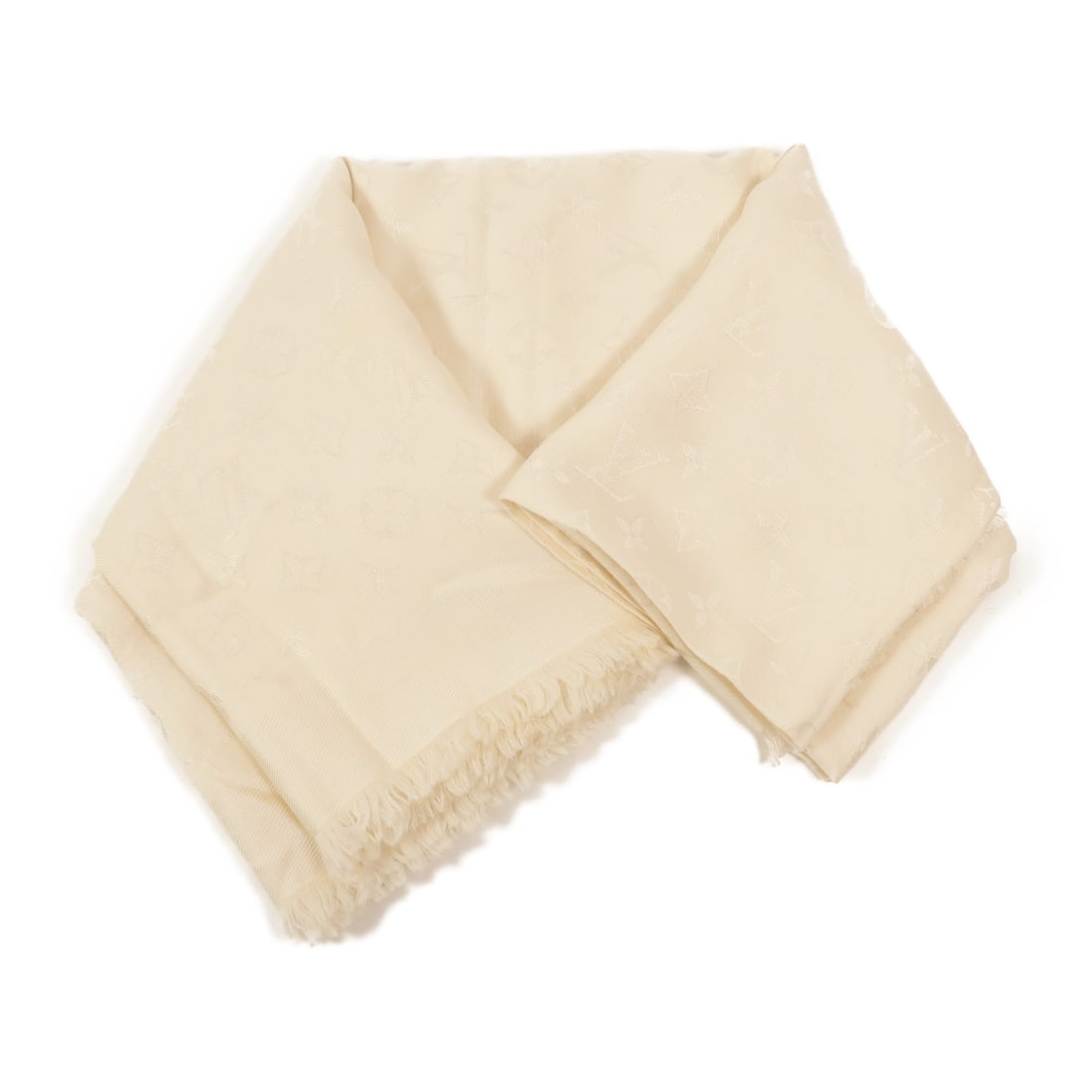 Louis Vuitton M71330 Monogram White Silk Wool Scarf 142x142: Louis Vuitton M71330 Monogram White Silk Wool Scarf 142x142 Louis Vuitton monogram stole in white silk and wool. This women's scarf features the LV monogram design and is made in France. Condition is 