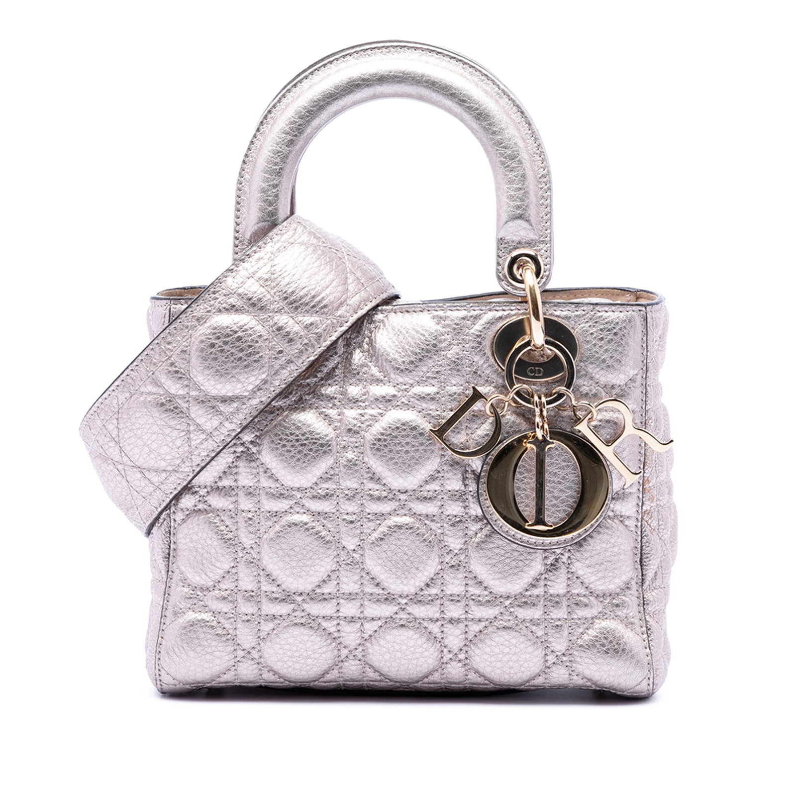 Dior Metallic Grained Calfskin Lady Dior Small Bag: Dior Metallic Grained Calfskin Lady Dior Small Bag This Small Metallic Grained Calfskin Cannage Supple Lady Dior bag features a silver quilted leather exterior with flat leather handles and a detachab
