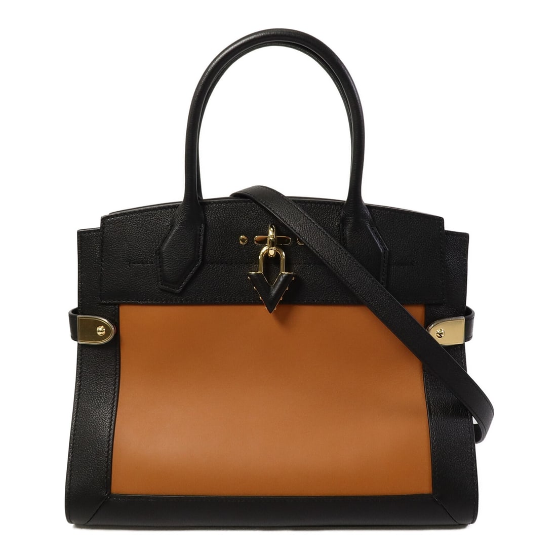Louis Vuitton City Steamer MM 2 Way Shoulder Bag Black Calfskin M21774: Louis Vuitton City Steamer MM 2 Way Shoulder Bag Black Calfskin M21774 This Louis Vuitton City Steamer MM is a 2-way shoulder bag crafted from calfskin leather in black and brown tones. It features a 