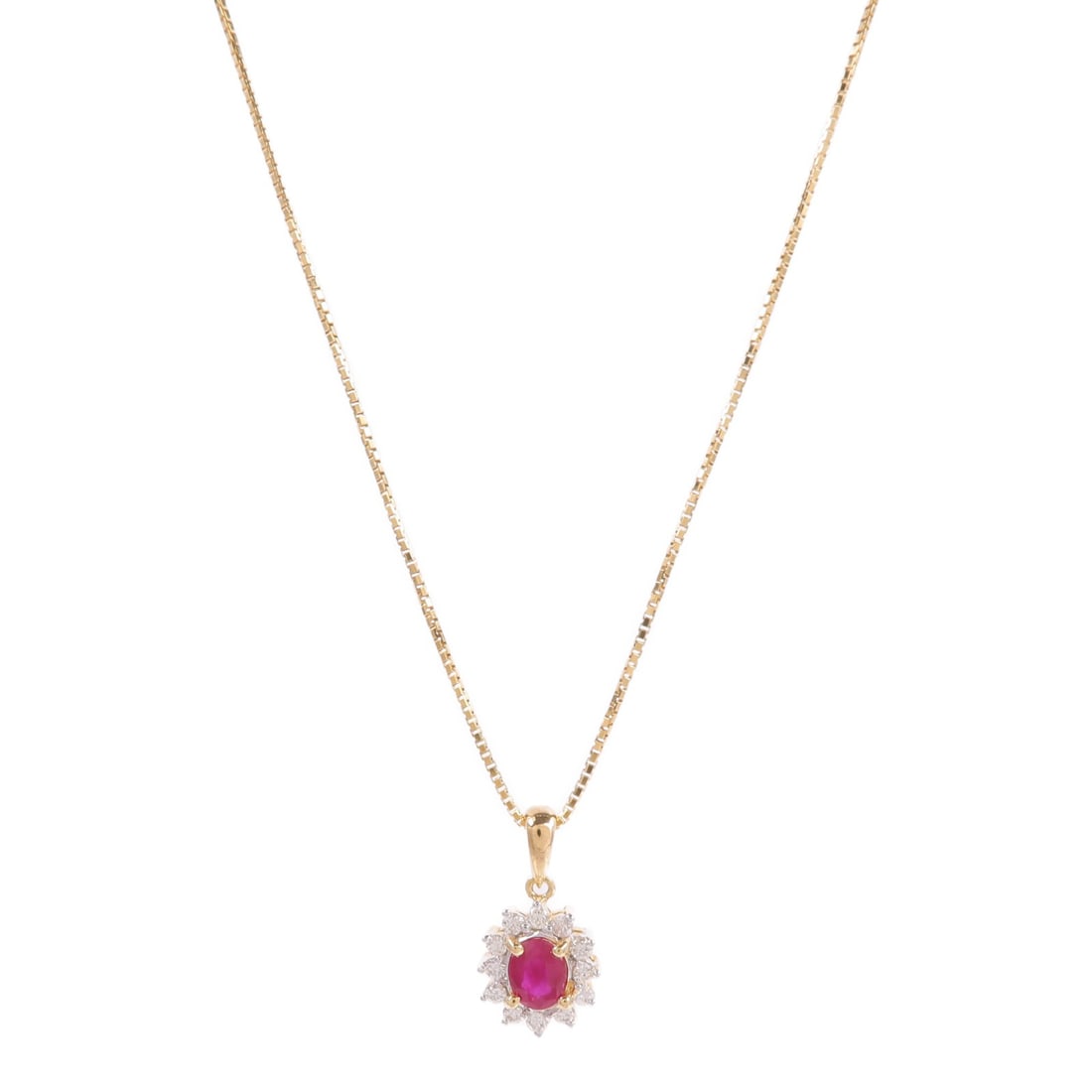 18K Yellow Gold Ruby Diamond Necklace Red Clear: 18K Yellow Gold Ruby Diamond Necklace Red Clear Women's necklace featuring ruby and diamond accents in 18K yellow gold. The piece has a red and clear color presentation and is offered in very good con