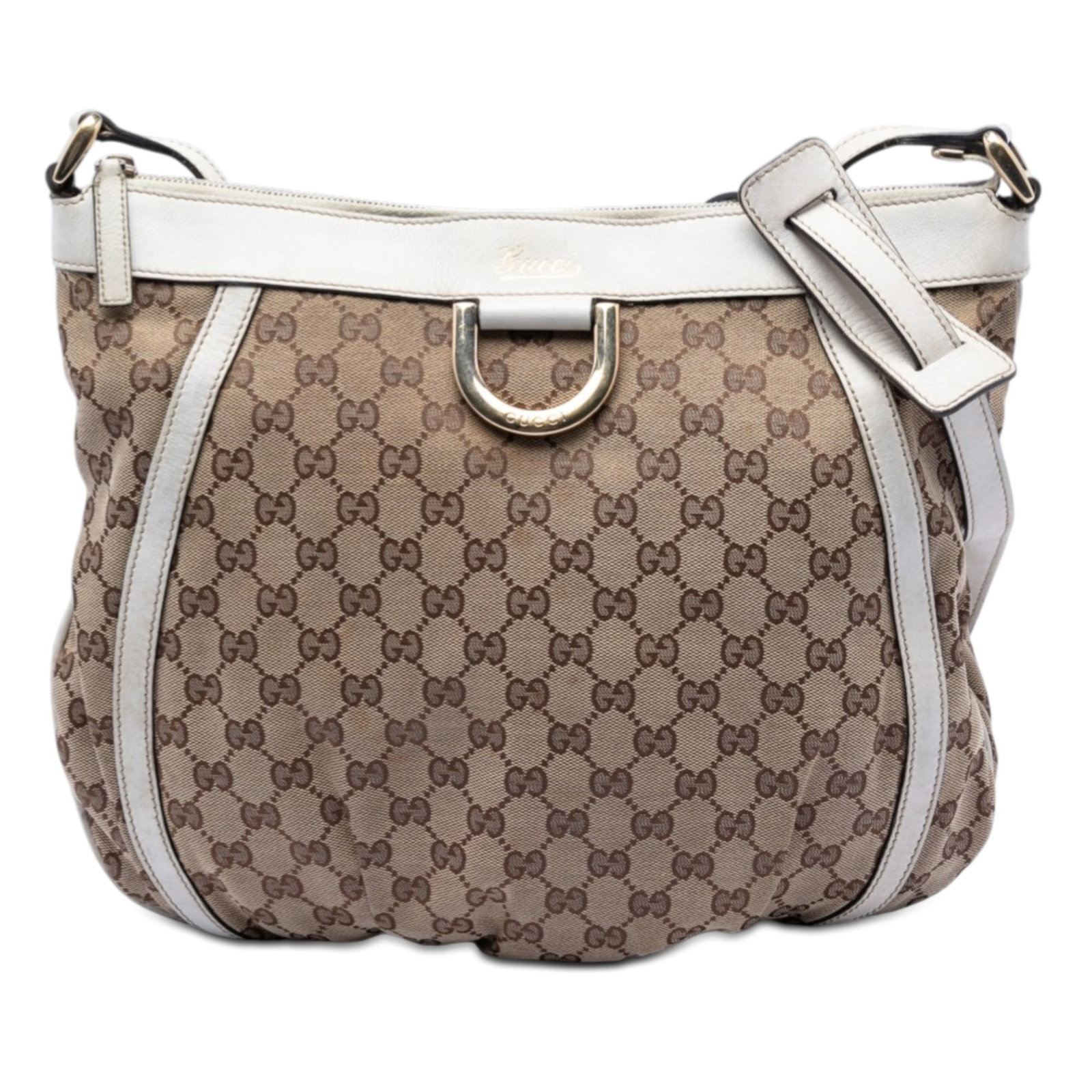 Gucci Abbey D Ring Beige Canvas Crossbody Bag with Leather Trim: Gucci Abbey D Ring Beige Canvas Crossbody Bag with Leather Trim This Gucci GG Canvas Abbey D Ring Crossbody bag features a beige canvas body with leather trim, a flat leather strap, top zip closure, a