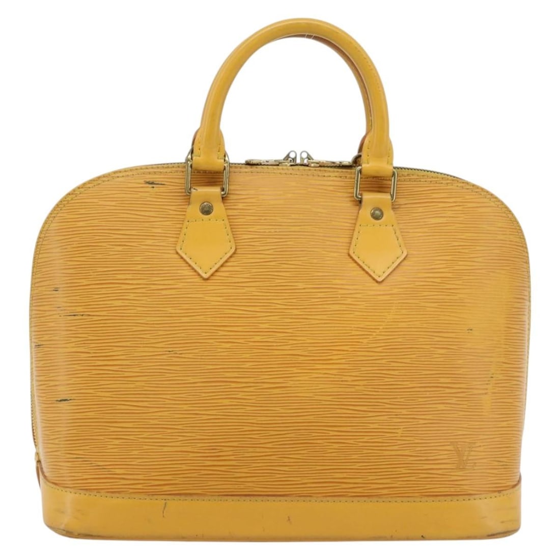 Louis Vuitton Alma yellow leather handbag: Louis Vuitton Alma yellow leather handbag This Louis Vuitton Alma handbag is crafted from yellow Epi leather and designed for women. Made in France, it features a structured silhouette with dual top h