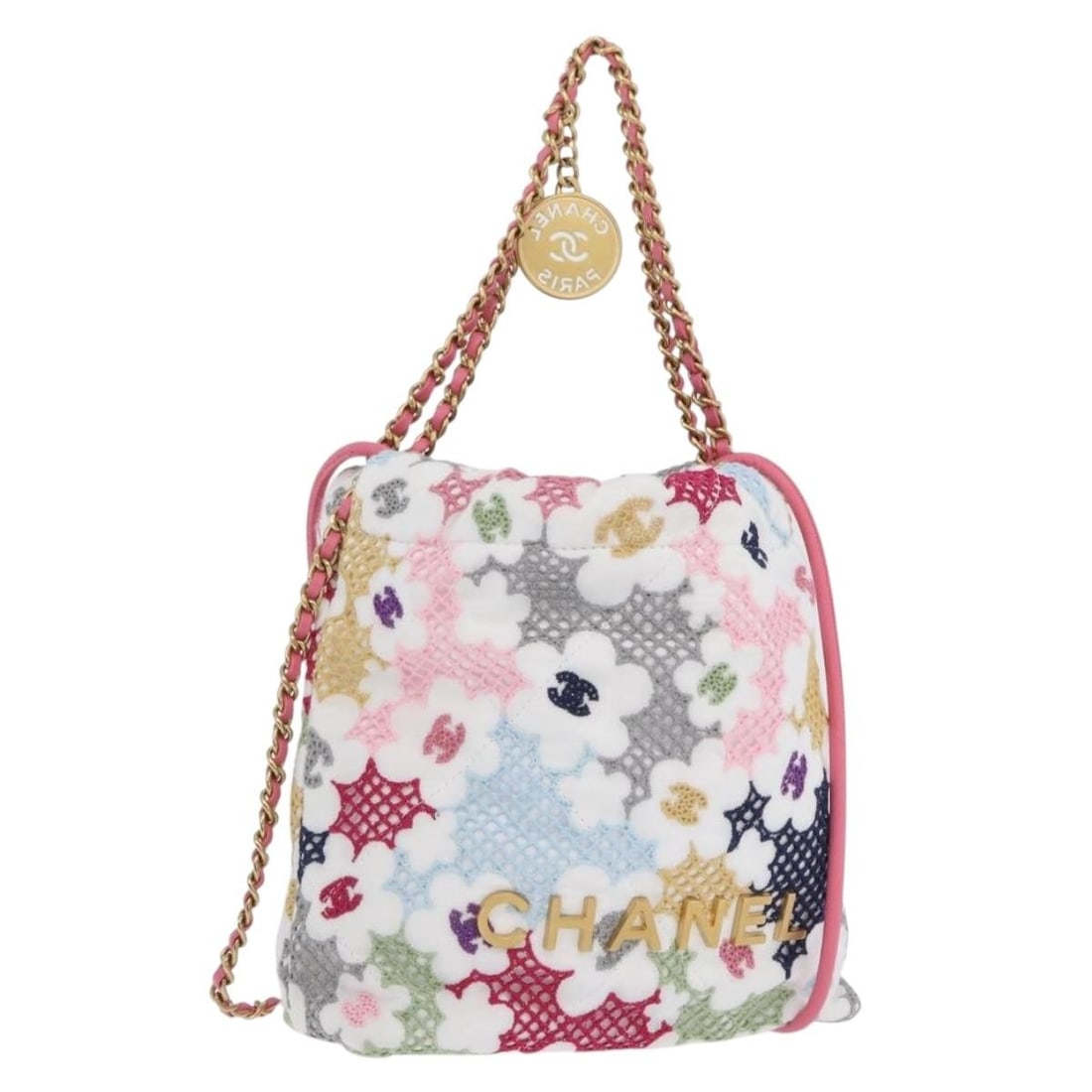 CHANEL Chanel 22 Mini 2way Hand Bag Gold White Nylon: CHANEL Chanel 22 Mini 2way Hand Bag Gold White Nylon CHANEL Chanel 22 Mini Bag in lace patchwork design, presented as a 2-way handbag in gold and white. It is made of nylon and comes with a dust bag