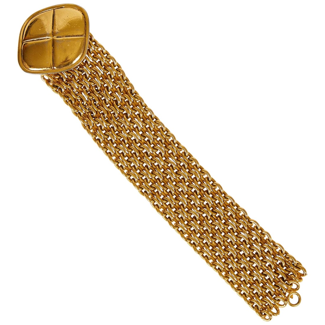 1980s Chanel Quilted Coin Mesh Bracelet France 8in: 1980s Chanel Quilted Coin Mesh Bracelet France 8in This exquisite vintage Chanel bracelet from the 1980s features a distinctive large mesh chain design with a center quilted coin accent, perfect for a