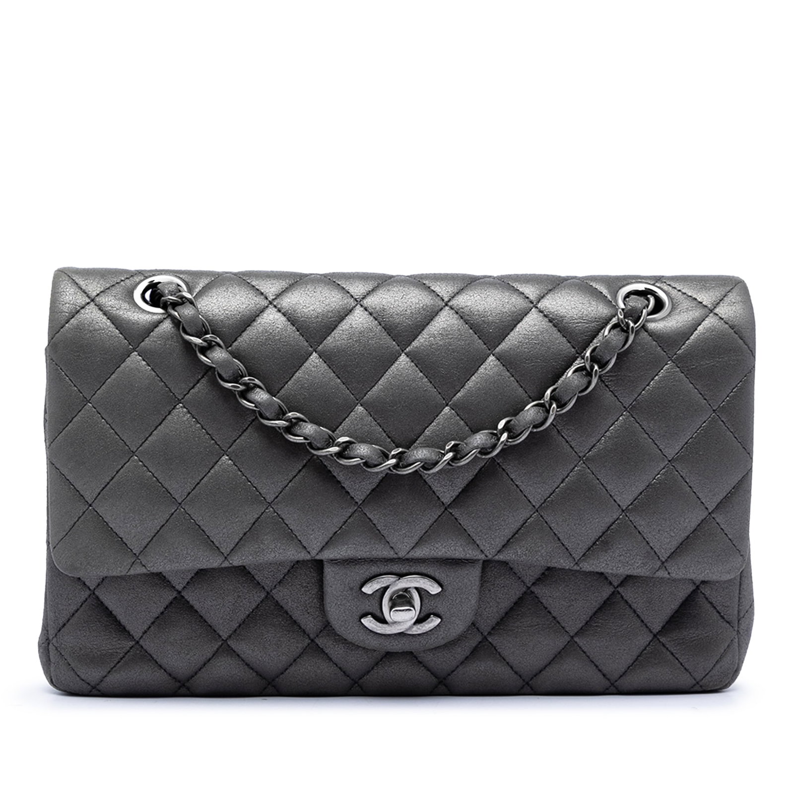 Chanel Classic Flap Iridescent Lambskin Medium Bag: Chanel Classic Flap Iridescent Lambskin Medium Bag This Chanel Medium Classic Flap bag is crafted from quilted iridescent lambskin leather in gray, featuring leather-woven chain straps and double top 