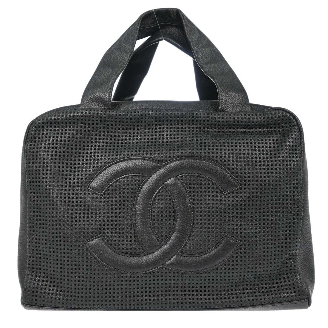 CHANEL CC Bowler Shoulder Bag Black Perforated Caviar Leather: CHANEL CC Bowler Shoulder Bag Black Perforated Caviar Leather Chanel black perforated calfskin CC bowler bag handbag in a small size, designed as a shoulder bag with a shoulder strap. It features an e