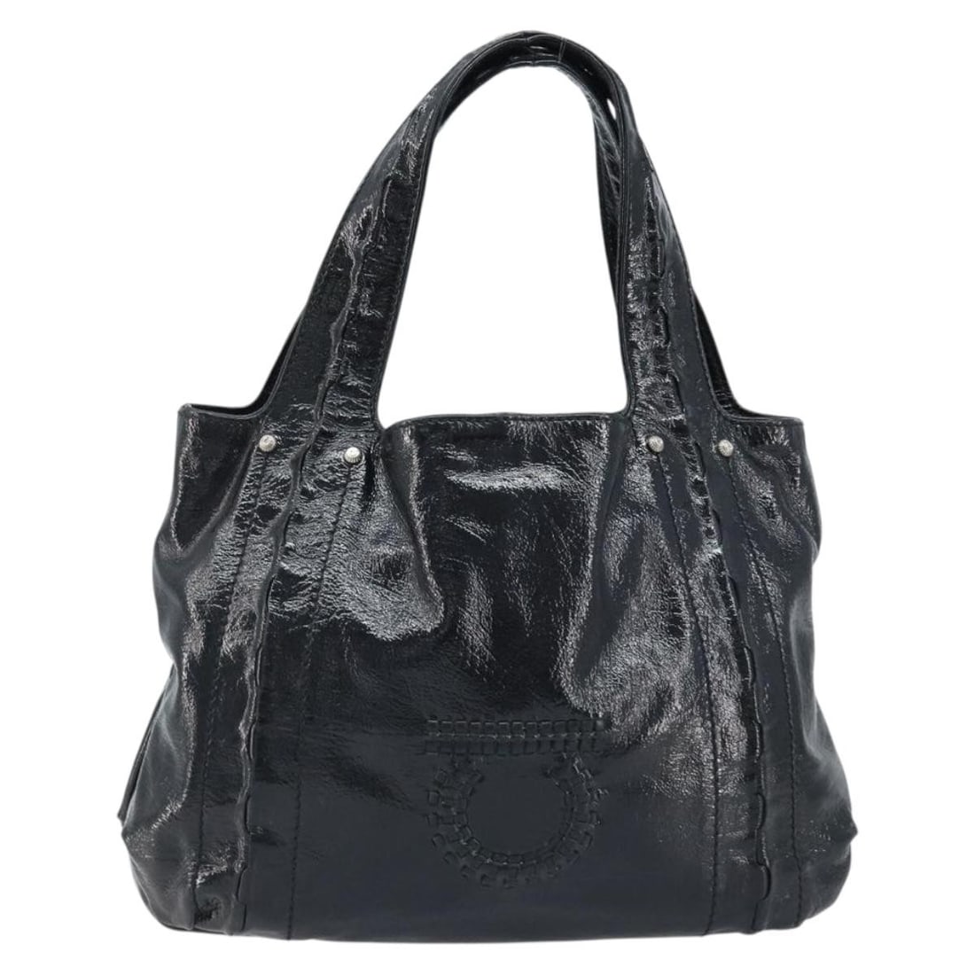 Black Leather Tote Salvatore Ferragamo Gancini Handle: Black Leather Tote Salvatore Ferragamo Gancini Handle Salvatore Ferragamo Gancini Handle Tote in black leather. This women's bag is made in Italy and remains in good vintage condition with honest wear