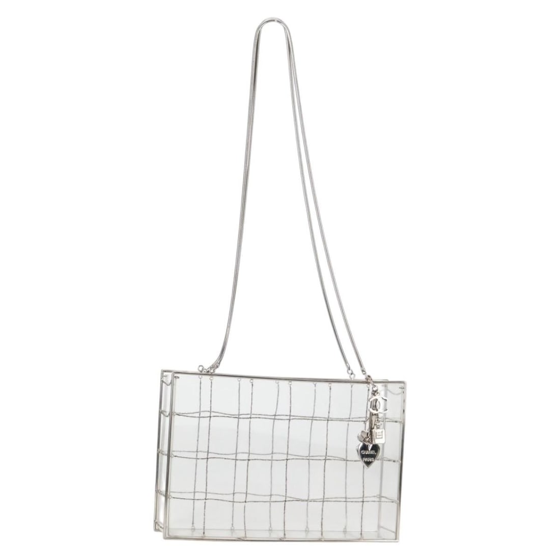 CHANEL Clear Plastic Chain Tote Bag CC: CHANEL Clear Plastic Chain Tote Bag CC Clear plastic CHANEL tote bag with chain handles. This women's bag shows reasonable wear and tear consistent with rank B condition, including slight rubbing and 