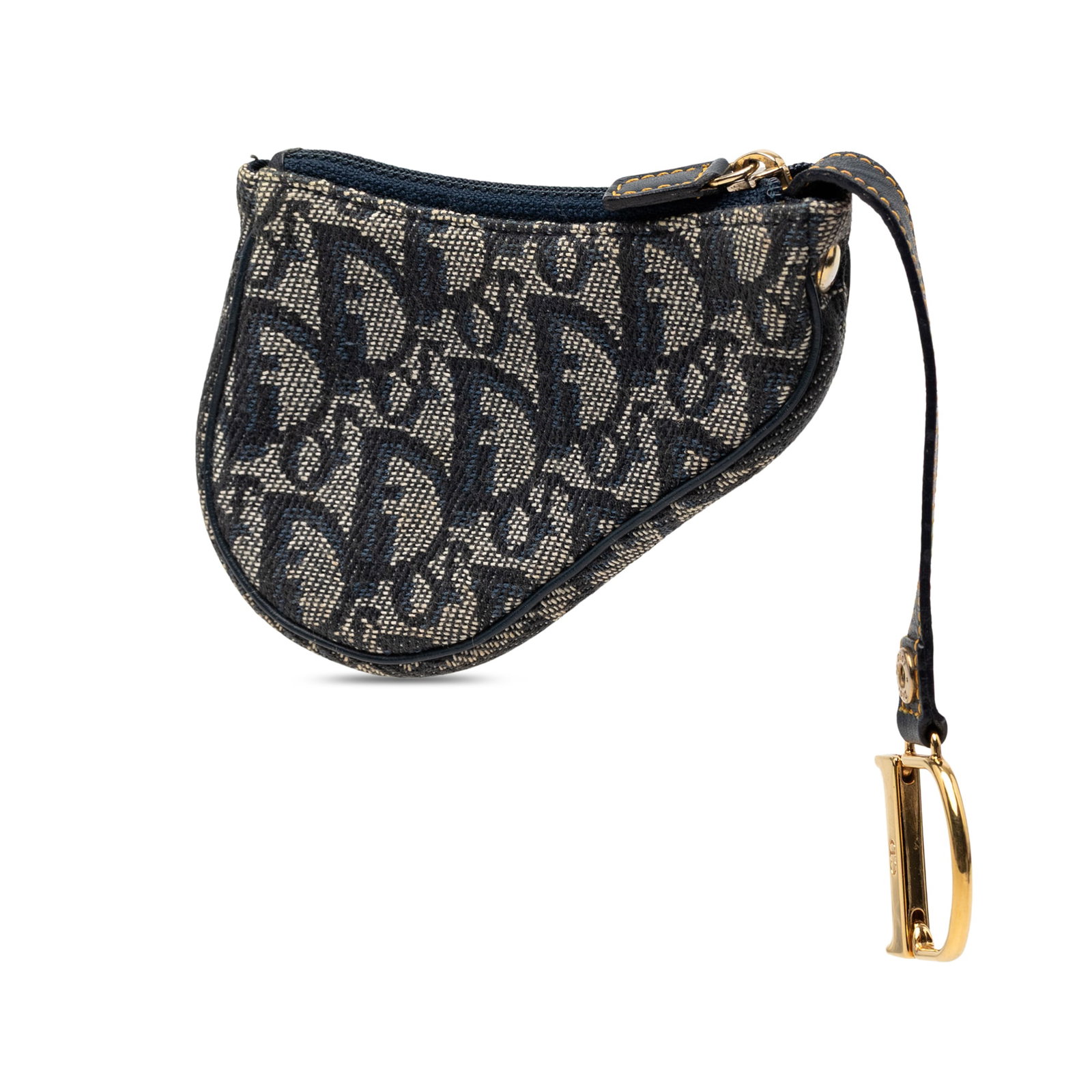 Dior Diorissimo Trotter zip coin pouch in blue canvas: Dior Diorissimo Trotter zip coin pouch in blue canvas Diorissimo Trotter Saddle coin pouch with a canvas body, leather trim, and top zip closure. The item shows visible wear and use throughout, includ