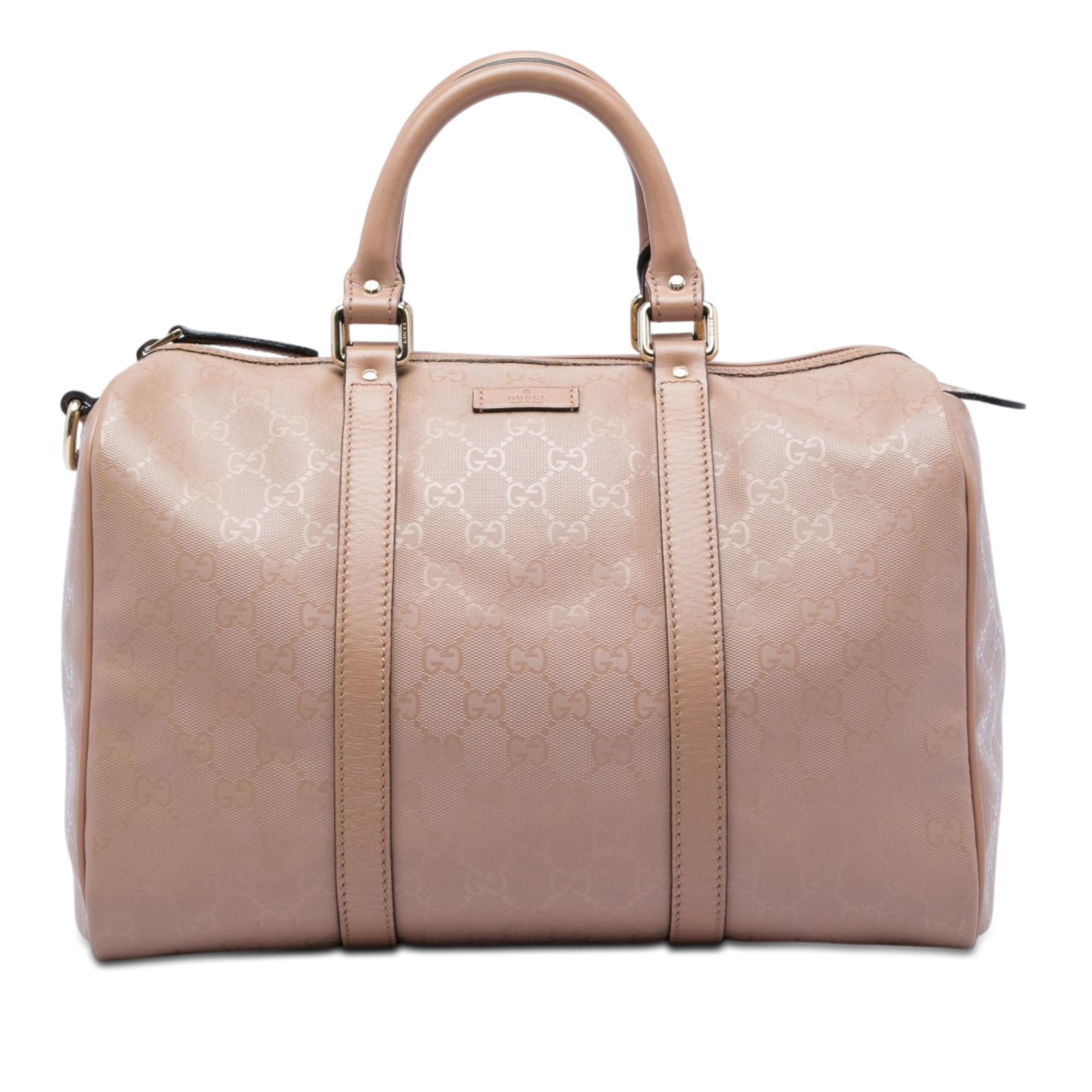 Gucci Joy Boston Bag Medium GG Imprime Brown Coated Canvas: Gucci Joy Boston Bag Medium GG Imprime Brown Coated Canvas Gucci Medium GG Imprime Joy Boston Bag in brown with a coated canvas body, leather trim, rolled leather handles, top zip closure, and an inte