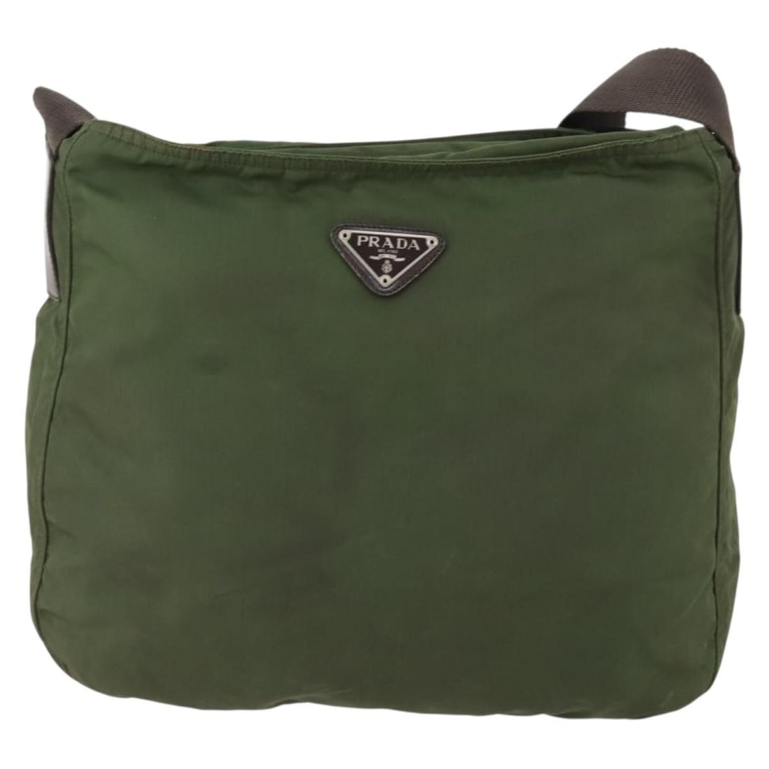 Prada Tessuto Nylon Khaki Messenger Shoulder Bag with Zip Top: Prada Tessuto Nylon Khaki Messenger Shoulder Bag with Zip Top This Prada Zip Top Messenger Bag is crafted from khaki nylon and designed for women. It features a spacious main compartment with a zip to