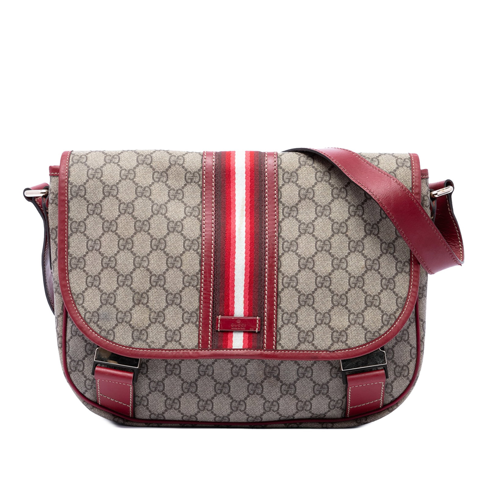 Gucci GG Supreme Web Beige Crossbody Bag: Gucci GG Supreme Web Beige Crossbody Bag Gucci GG Supreme Web Crossbody bag with a coated canvas body, leather trim, an adjustable flat leather strap, a top flap with buckle closures, and an interior 