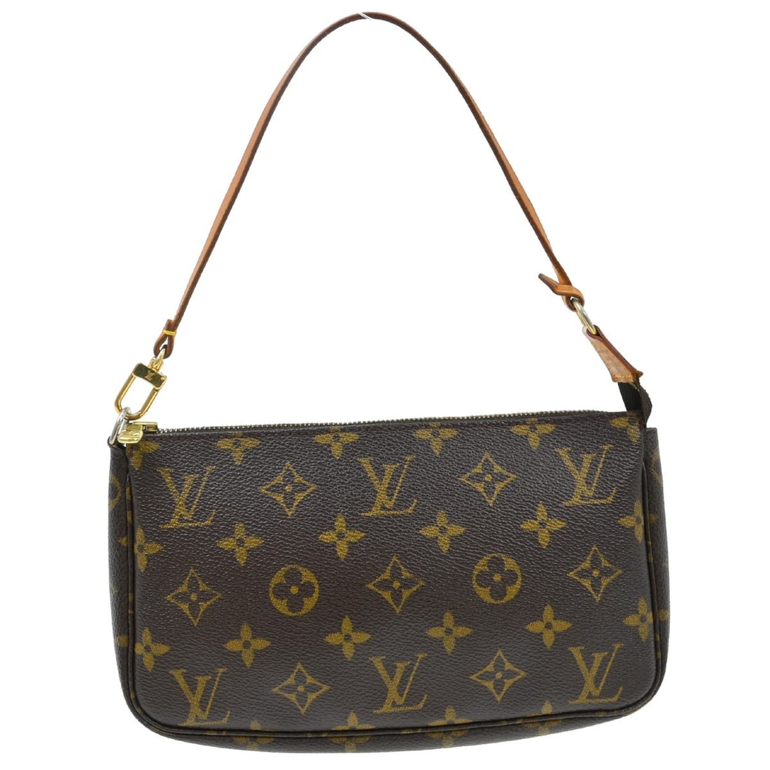 Louis Vuitton Monogram Canvas Pochette Accessoires Pouch M51980: Louis Vuitton Monogram Canvas Pochette Accessoires Pouch M51980 Vintage Louis Vuitton Pochette Accessoires handbag in brown Monogram canvas with leather trim. This small zip-top pouch features a top h