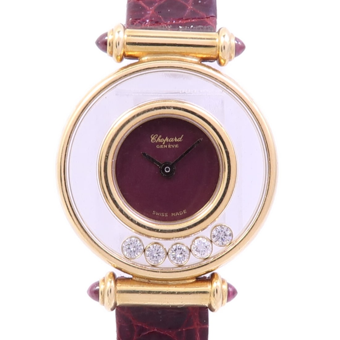 18K Yellow Gold Chopard Happy Diamond Ladies Quartz Watch 20/4780-21: 18K Yellow Gold Chopard Happy Diamond Ladies Quartz Watch 20/4780-21 Chopard Happy Diamond Quartz watch for ladies in 18K yellow gold with a brown leather belt. It features a quartz movement, a 22 mm 