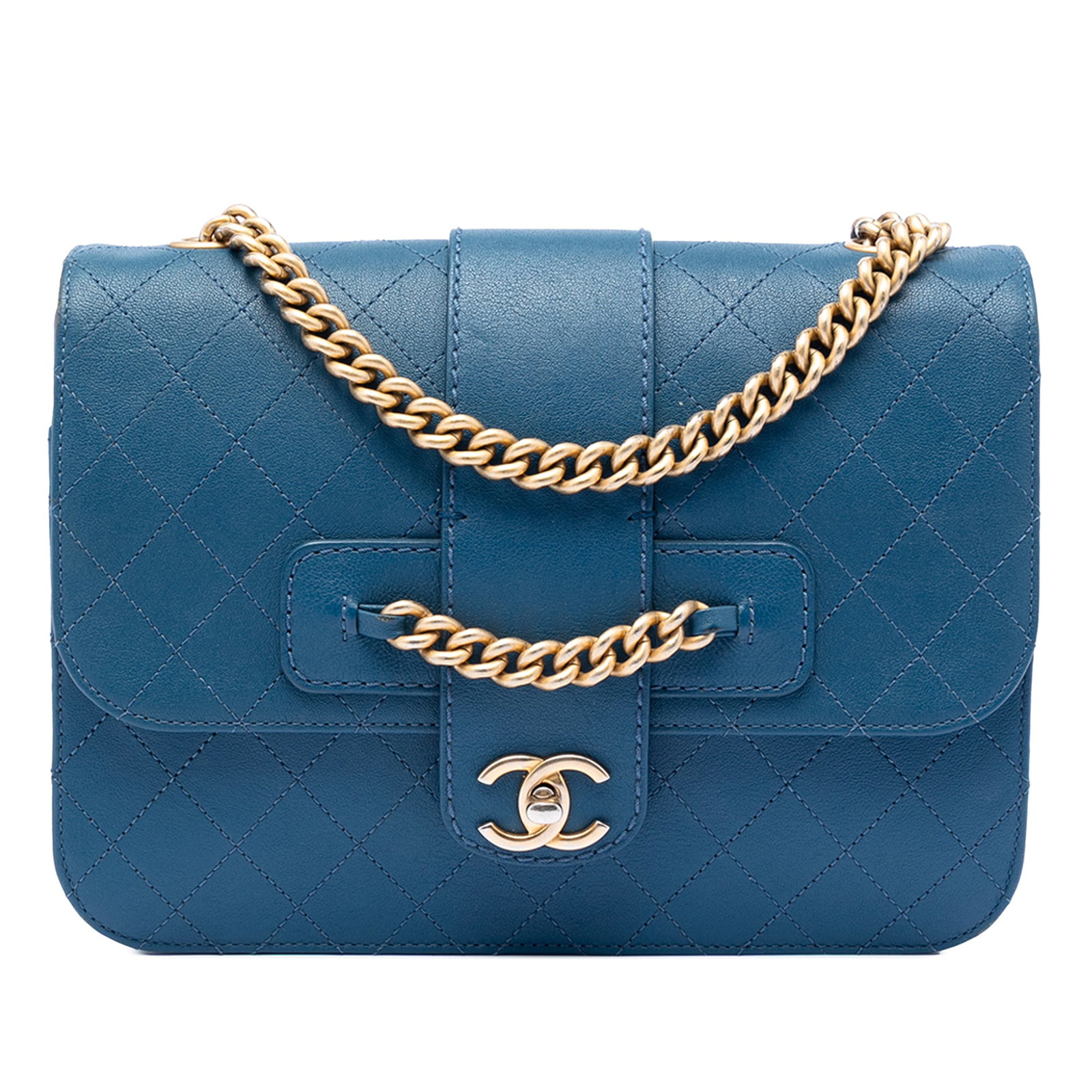 Chanel blue sheepskin leather quilted flap crossbody bag: Chanel blue sheepskin leather quilted flap crossbody bag This Chanel Large Quilted Sheepskin Front Chain Flap crossbody bag is crafted from sheepskin leather in blue and features a classic quilted des