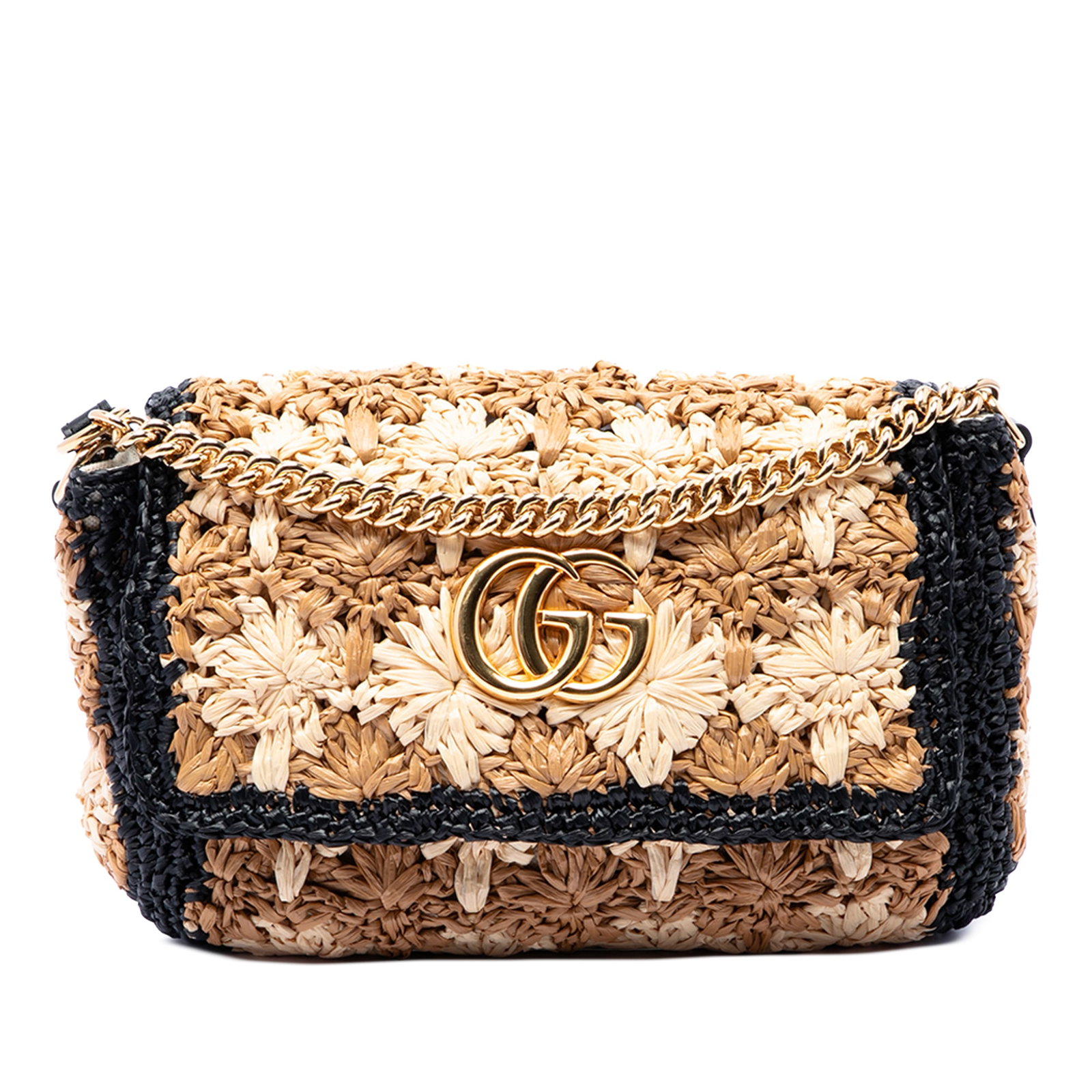 Gucci GG Marmont Small Raffia Crossbody Bag Beige: Gucci GG Marmont Small Raffia Crossbody Bag Beige Gucci Small GG Marmont Raffia Crossbody bag with a woven raffia body, chain link strap with leather shoulder guard, front flap with snap closure, and 