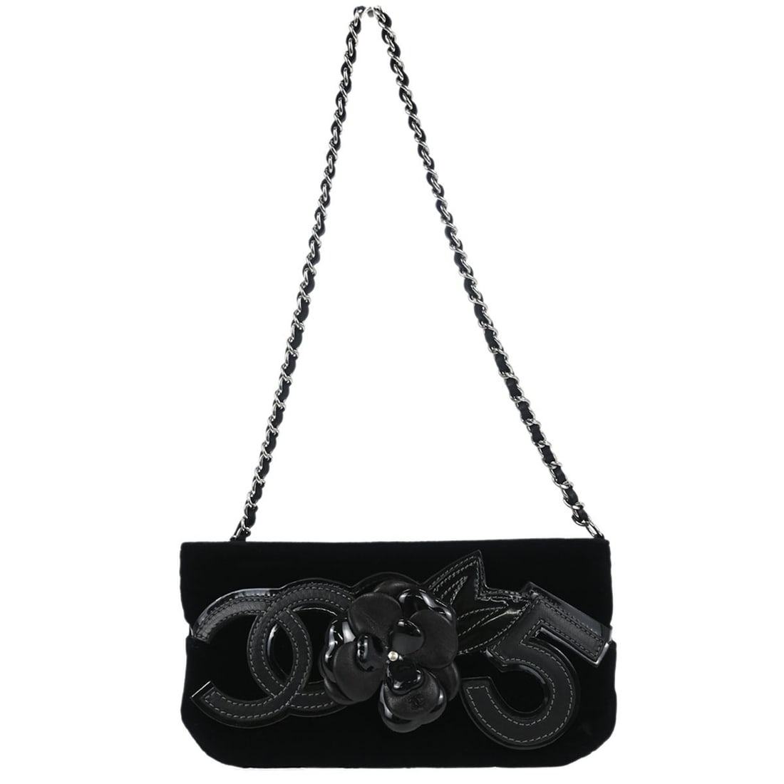 CHANEL Camellia No.5 CC Top Handle Bag Black Velvet: CHANEL Camellia No.5 CC Top Handle Bag Black Velvet Small Chanel top handle handbag in black velvet with Camellia, No. 5, and CC logo styling. It features a zip closure, an exterior pocket, an interio