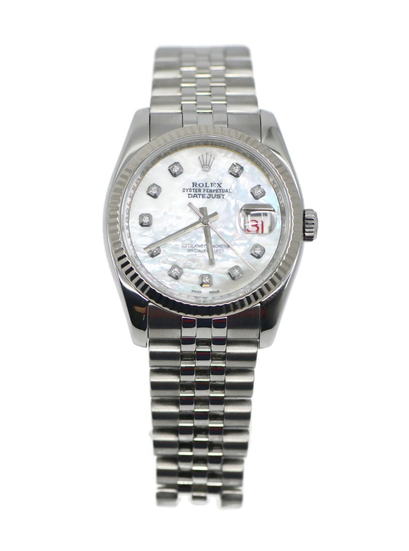 Rolex Datejust 36mm Diamond Marker Automatic Wristwatch: Rolex Datejust 36mm Diamond Marker Automatic Wristwatch This pre-owned Rolex Datejust wristwatch features a polished stainless steel case and band, accented with diamond markers and a diamond bezel. T
