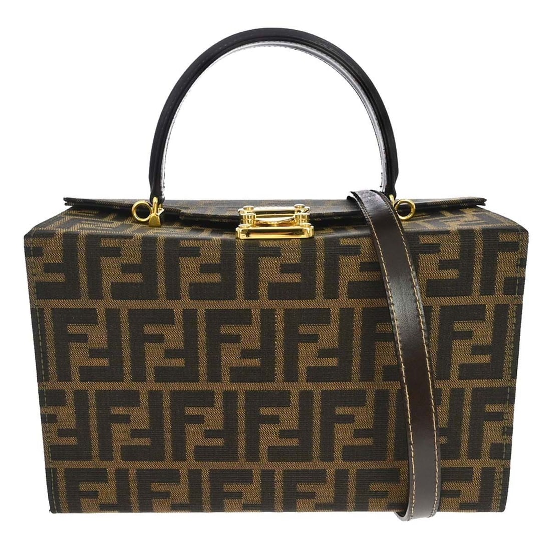 Fendi Zucca Brown Canvas Leather Vanity Bag with Strap: Fendi Zucca Brown Canvas Leather Vanity Bag with Strap Fendi Zucca 2way vanity handbag in brown and black canvas with leather trim. This women's medium handbag features a top handle, lock closure, log