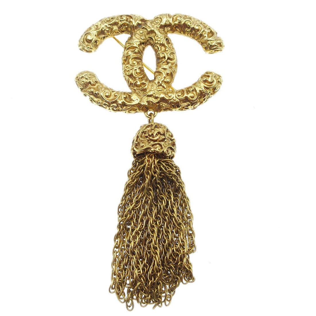 CHANEL 93A Gold Plated Fringe Pin Brooch: CHANEL 93A Gold Plated Fringe Pin Brooch This exquisite Chanel Fringe Brooch Pin is a stunning accessory that adds a touch of elegance to any attire. Crafted with a gold-plated finish, this pin showca