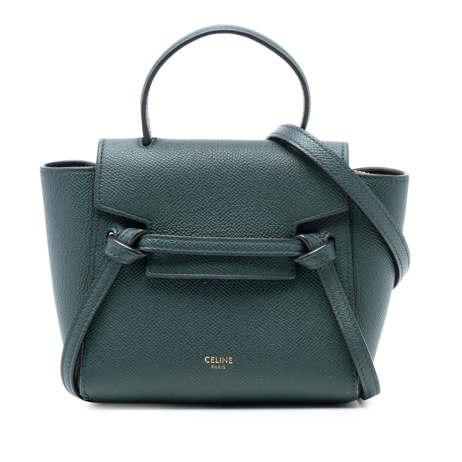 Celine Pico Belt Bag Green Grained Calfskin Leather with Shoulder Strap: Celine Pico Belt Bag Green Grained Calfskin Leather with Shoulder Strap This Celine Pico Grained Calfskin Belt Bag features a green leather body, a flat leather top handle, a detachable flat leather s