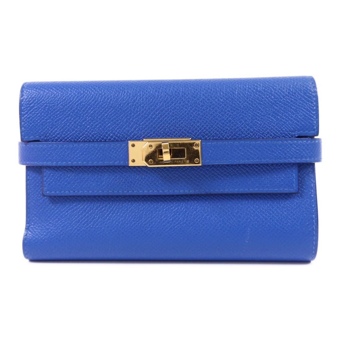 HERMES Kelly tri fold wallet in Blue Zanzibar Epsom leather: HERMES Kelly tri fold wallet in Blue Zanzibar Epsom leather Hermes Kelly short tri-fold wallet in Blue Zanzibar, made from Epsom leather and calfskin (cowhide). This women's regular-size wallet featur