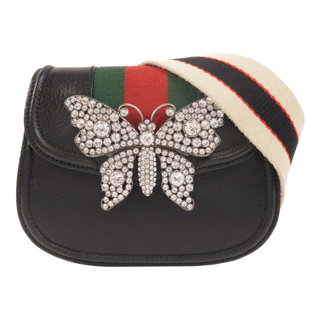 GUCCI GG Totem Butterfly Shoulder Bag Black Calfskin Leather: GUCCI GG Totem Butterfly Shoulder Bag Black Calfskin Leather A Gucci shoulder bag from the GG Totem Butterfly line, crafted in black calfskin (cowhide) leather. It features a black frame color, a magn