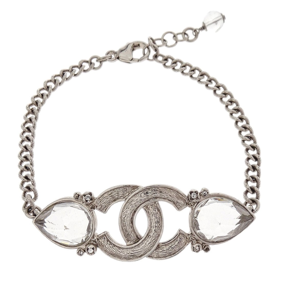 CHANEL CC Rhinestone Silver Plated Bracelet France: CHANEL CC Rhinestone Silver Plated Bracelet France Chanel CC bracelet in silver plated metal with rhinestone detailing. Made in France, this bracelet includes the original box and is noted in very goo