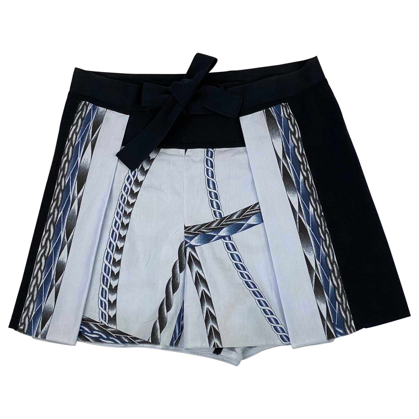 Hermes Size 38 Cotton Mini Shorts in Light Blue: Hermes Size 38 Cotton Mini Shorts in Light Blue Vintage Hermes Paris mini shorts in light blue cotton with a striped pattern and rope print. They feature navy knit detail and a front bow tie closure, 