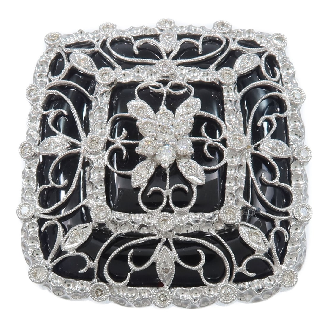 18K White Gold Brooch with Onyx and Diamond: 18K White Gold Brooch with Onyx and Diamond An elegant brooch featuring onyx and diamond details, crafted in 18K white gold (K18WG). The piece is presented in black and clear tones and is described as